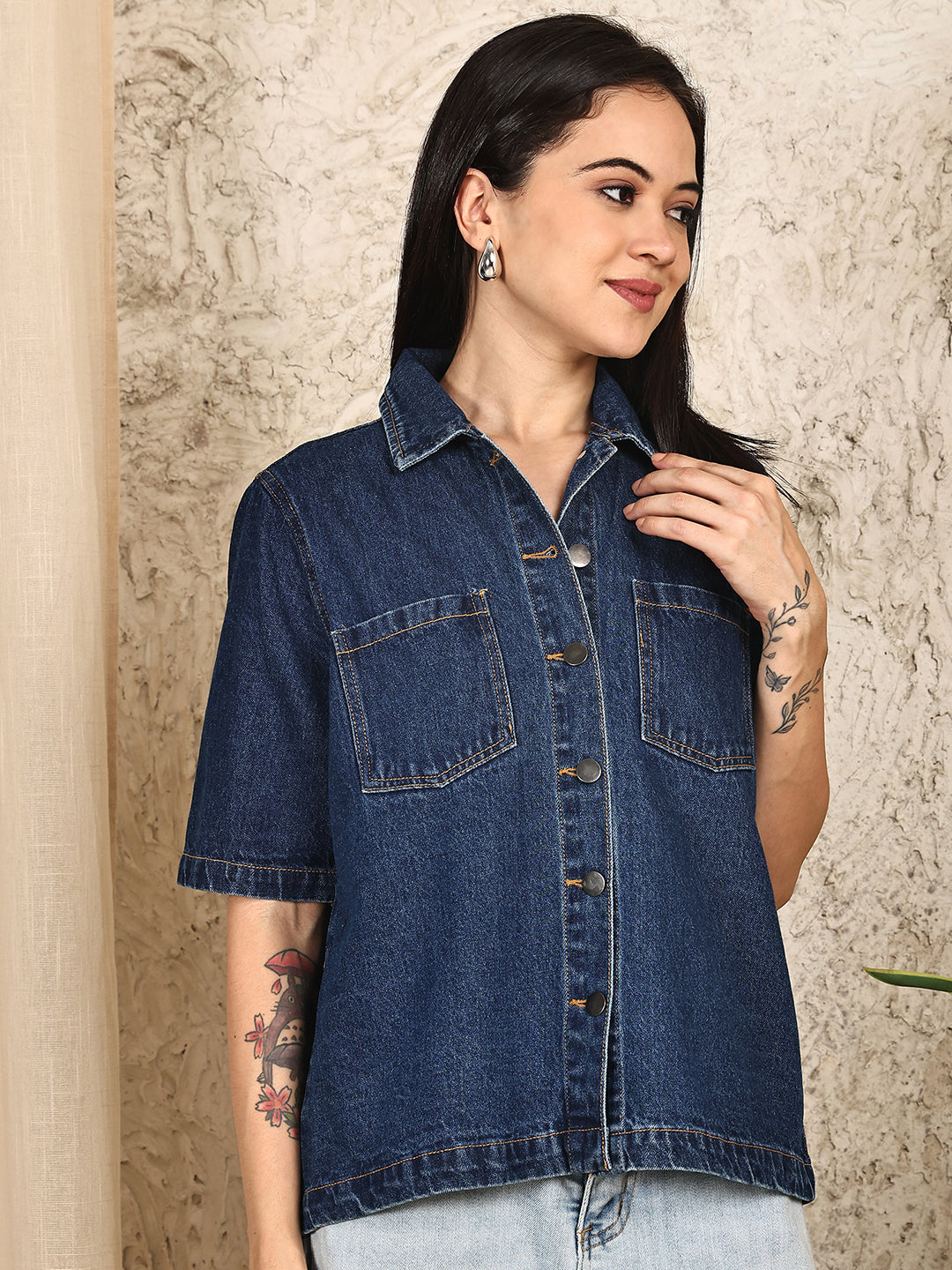 PUELLA Women’s Dark Blue Denim Shirt Top | Half Sleeve Button Down Casual Denim Shirt for Women