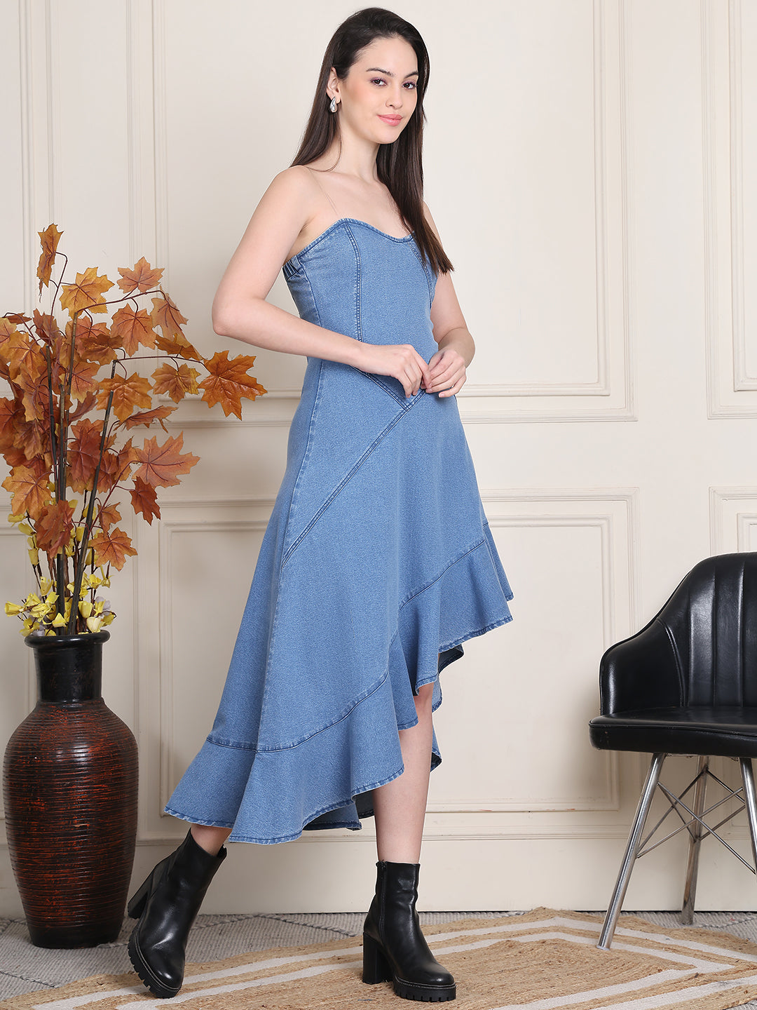 PUELLA Women’s Asymmetrical Ruffle Hem Denim Midi Dress