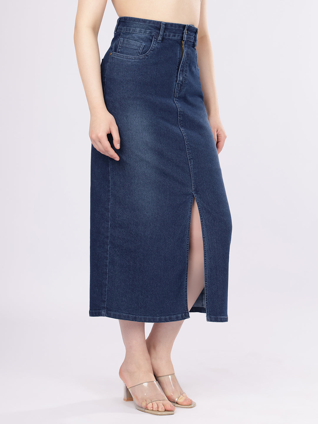 Women’s Dark Blue High-Rise Denim Straight Skirt with Front Slit