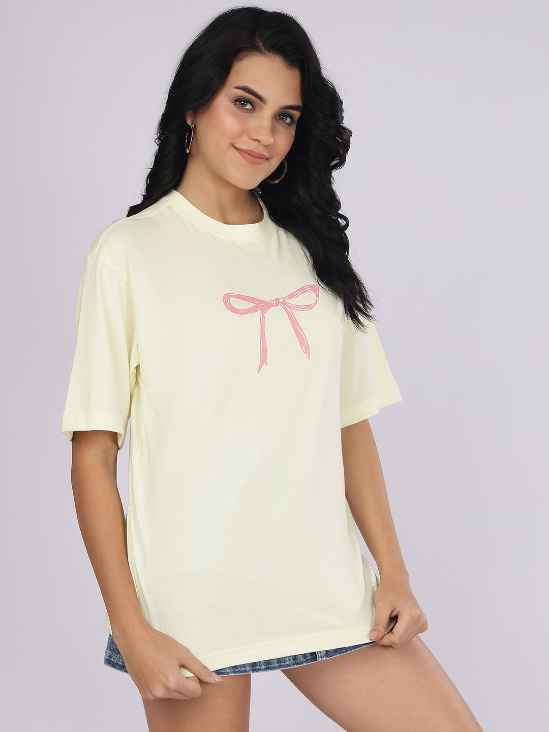 Dozer Minimalist Pink Bow Graphic Cream T-Shirt