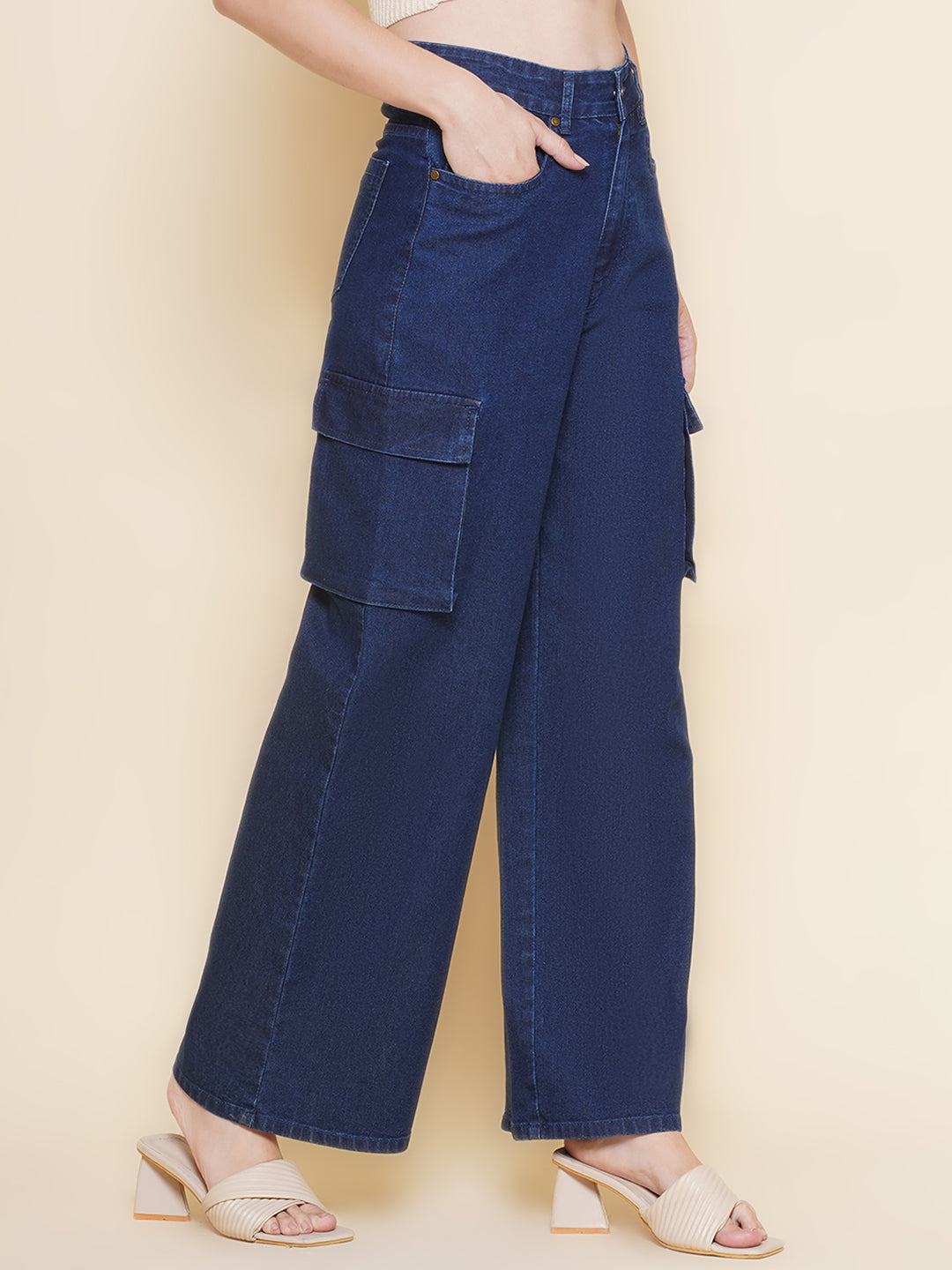 PUELLA Women’s High Rise Cargo Straight Fit Jeans – Black / Dark Blue