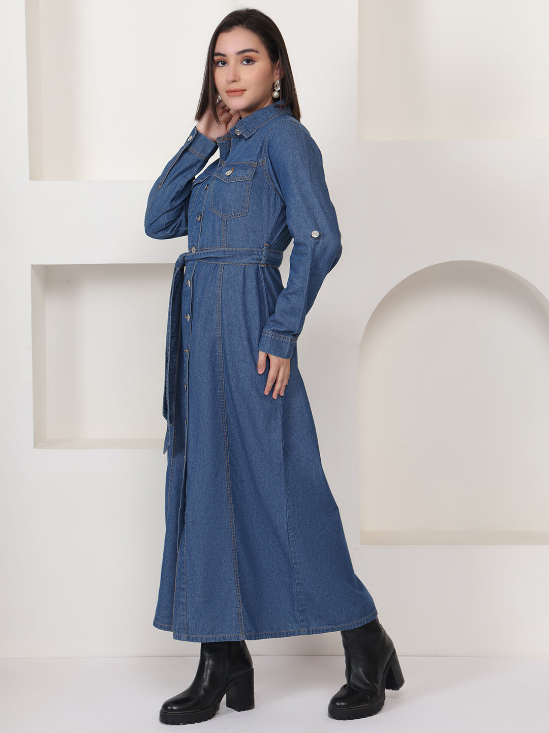 PUELLA Blue Solid Denim Shirt Maxi Dress