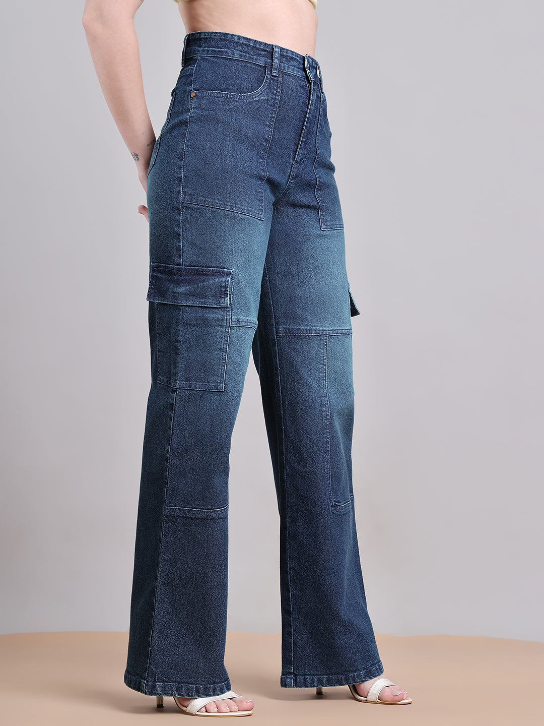 PUELLA Women Dark Indigo High-Rise Utility Cargo Wide-Leg Jeans