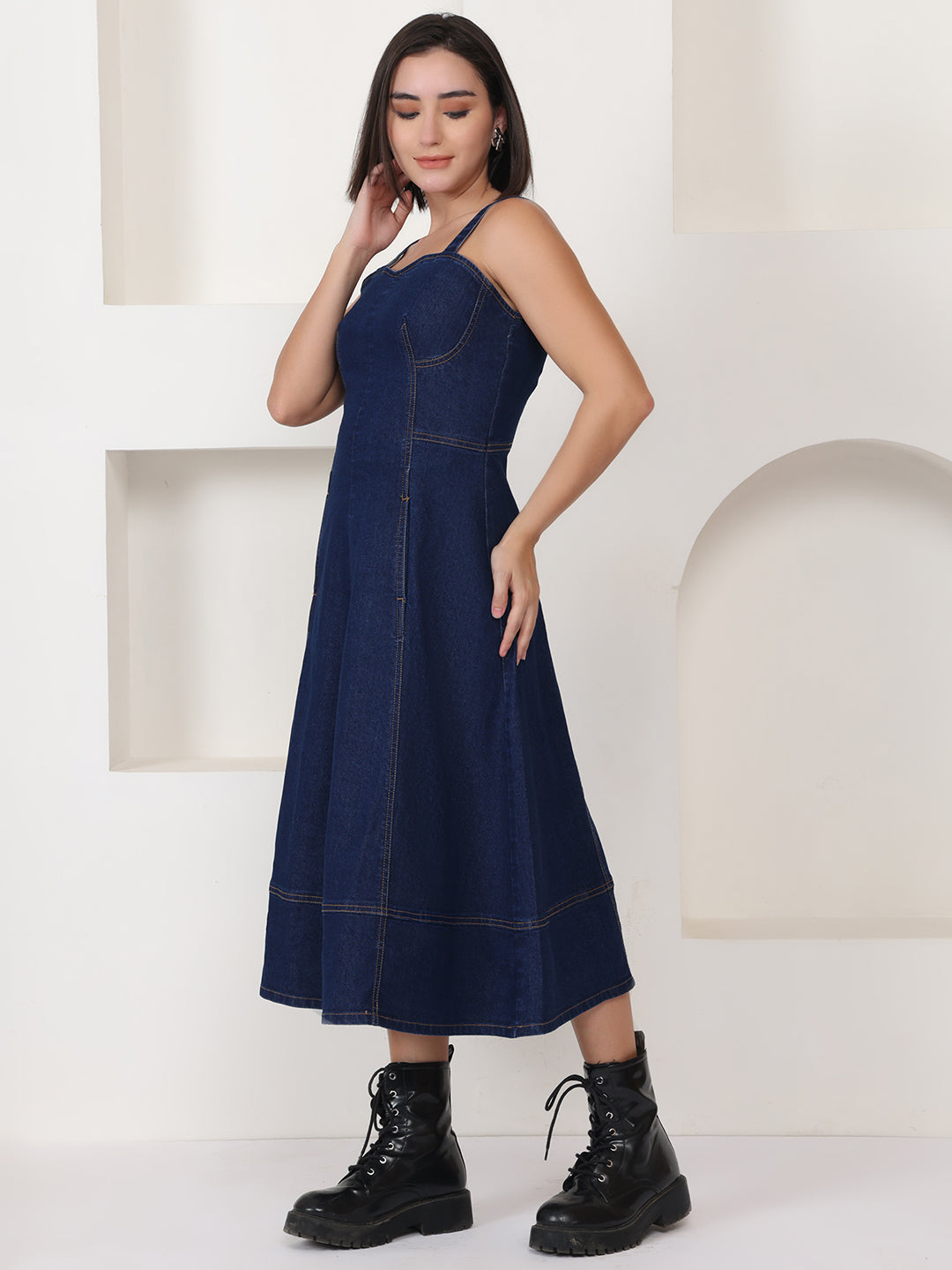 PUELLA Navy Blue Solid Denim A-Line Midi Dress