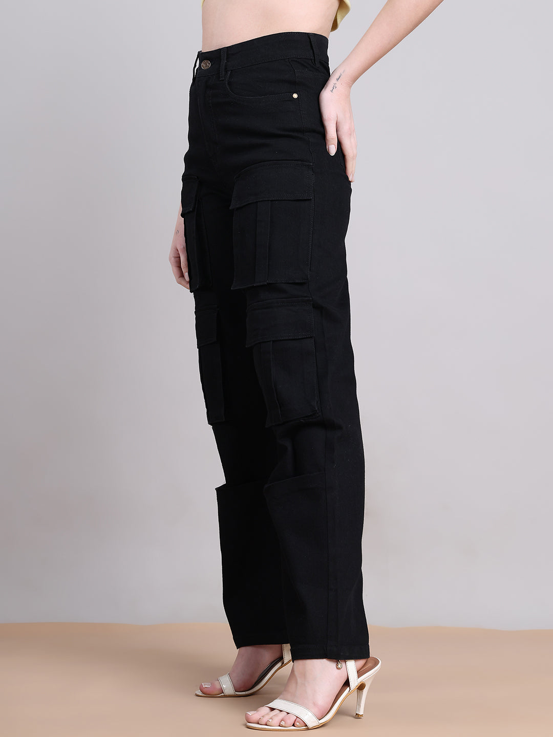 PUELLA Women Black High-Rise Multi-Pocket Cargo Wide-Leg Jeans