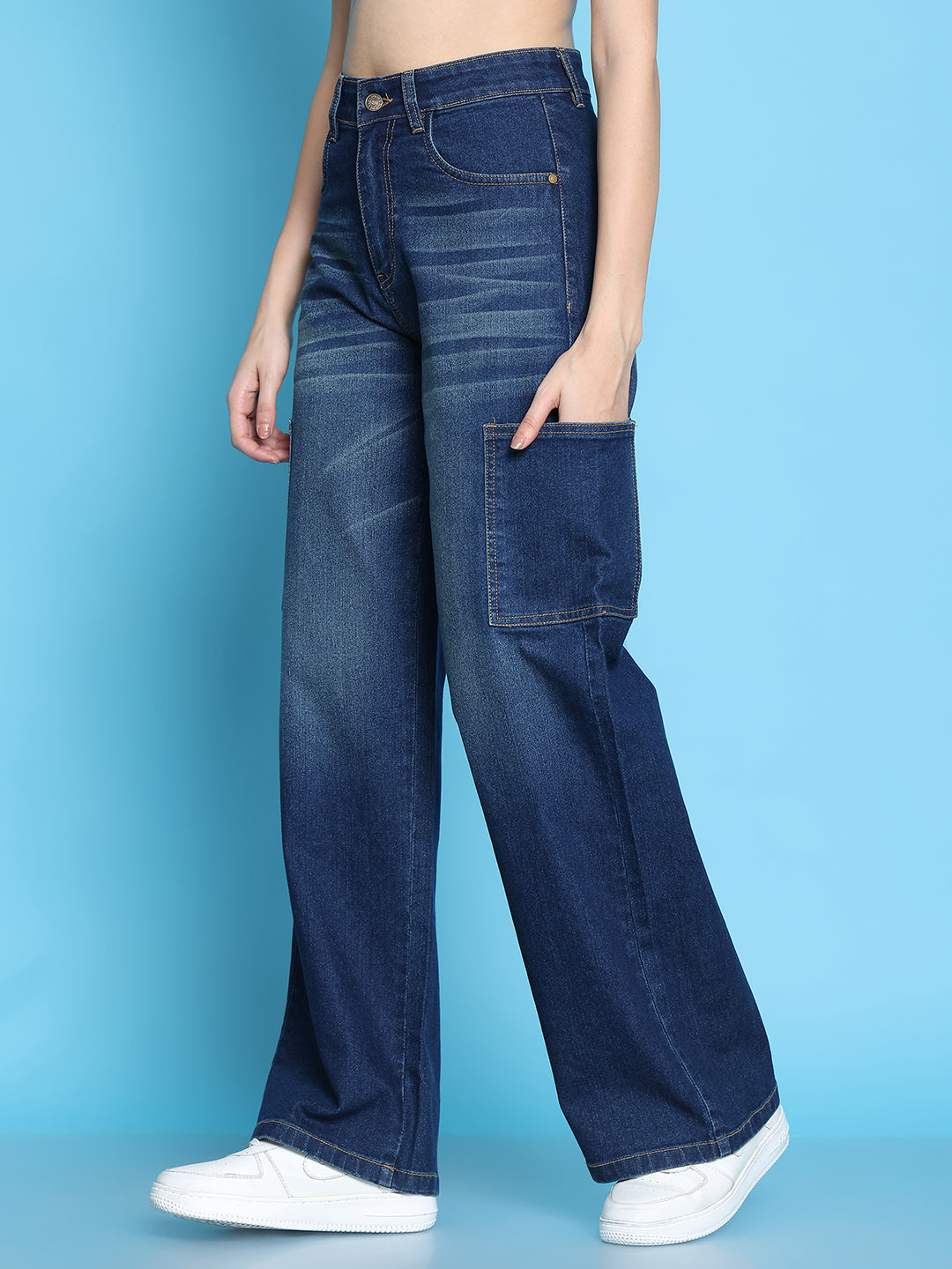 PUELLA Women High-Rise Dark Indigo Cargo Wide-Leg Jeans