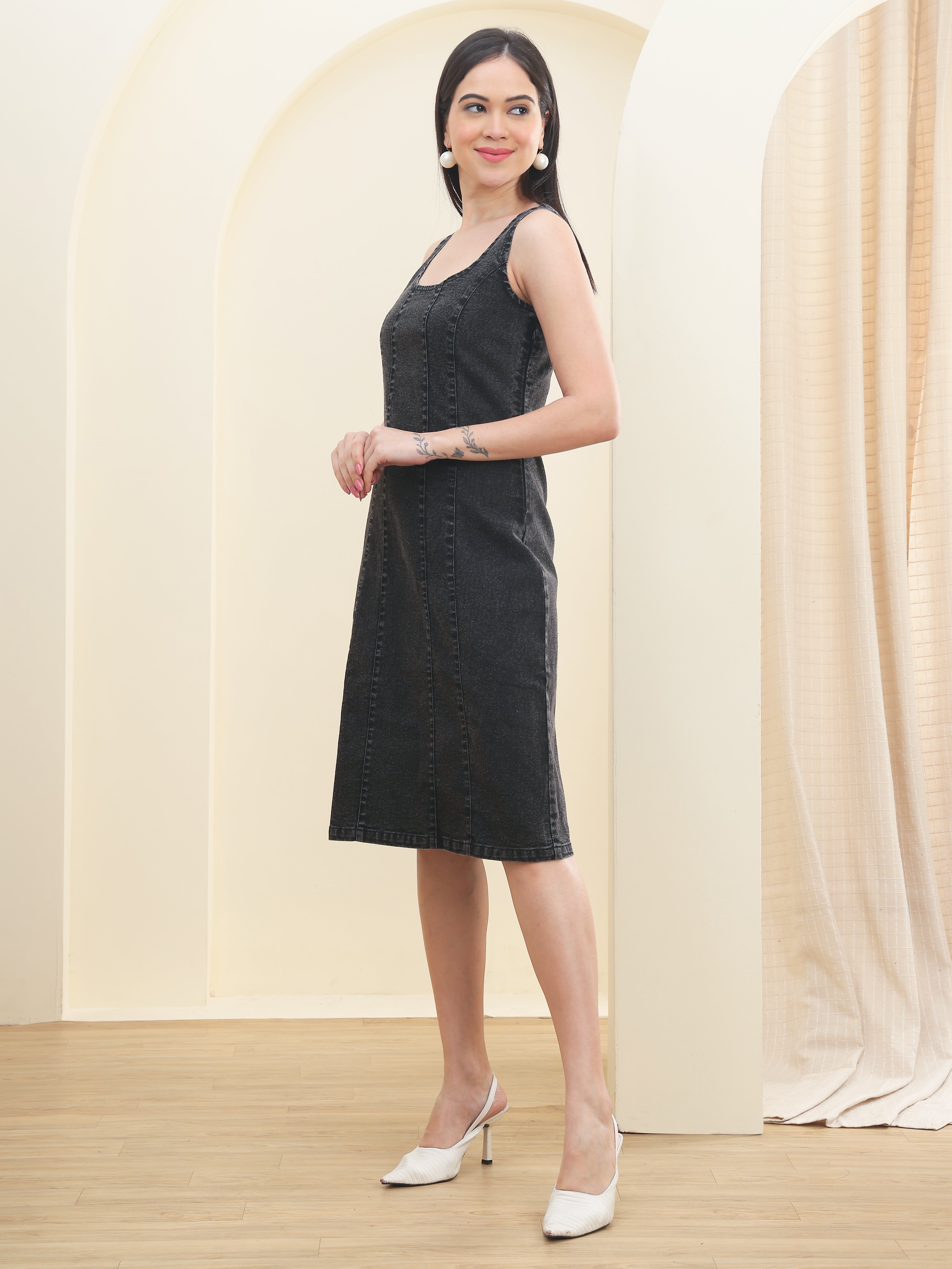 DOZER Charcoal Black Denim Sheath Dress with Scoop Neck