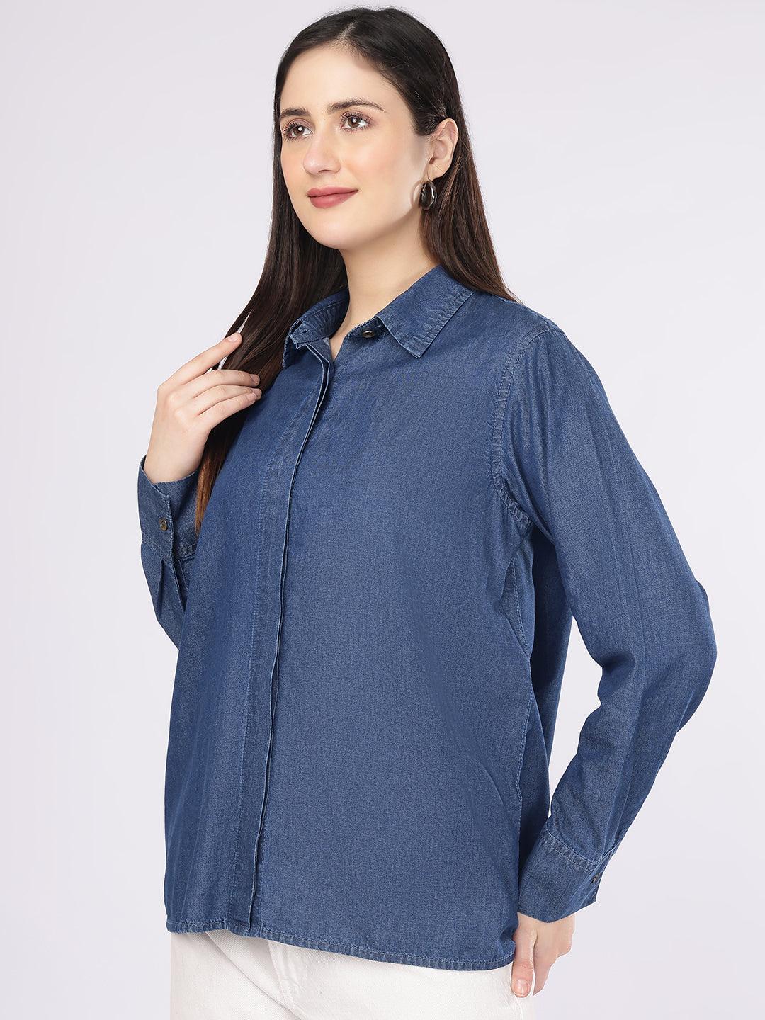 Women’s Blue Relaxed Fit Hidden Placket Denim Shirt