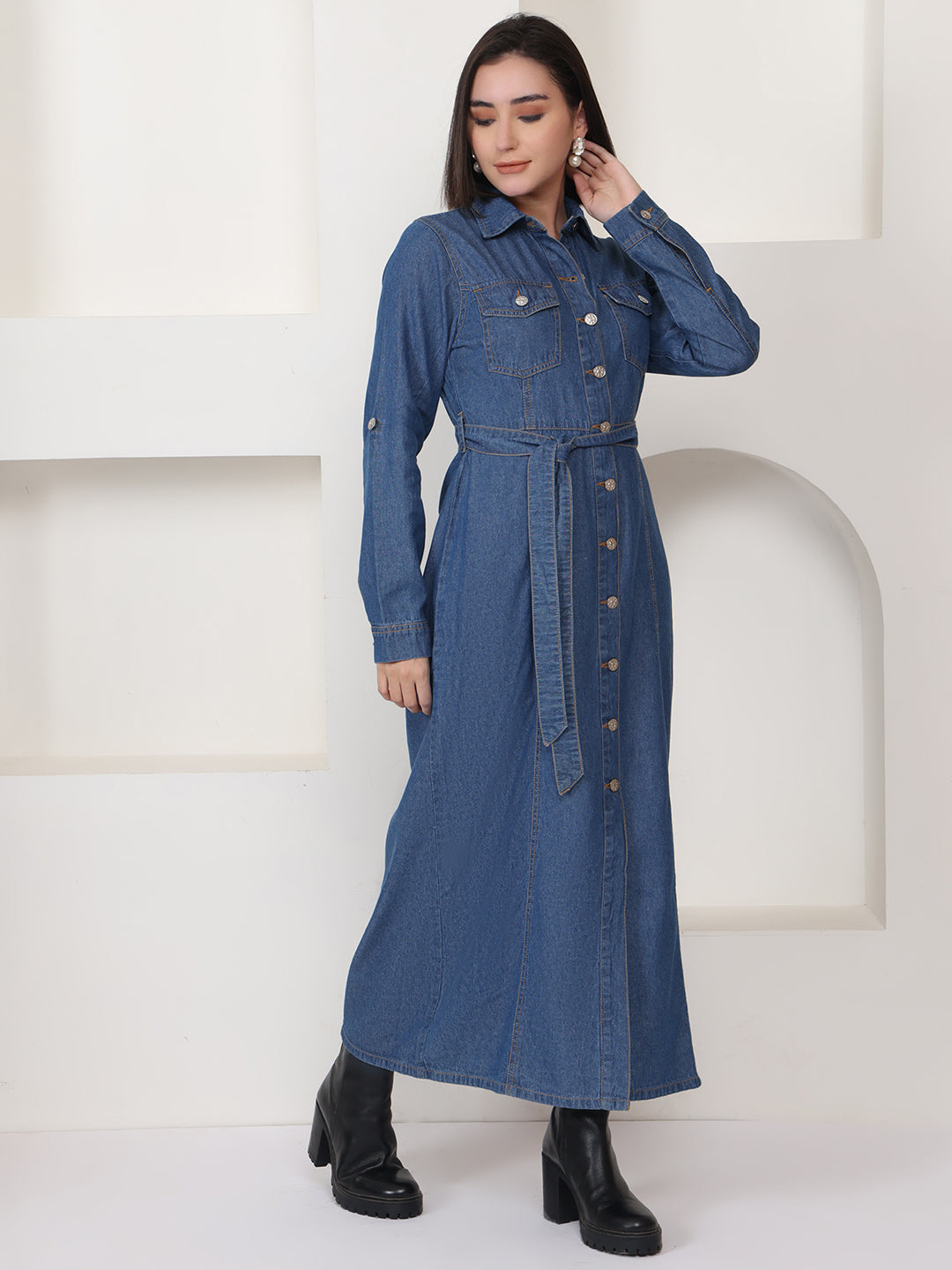 PUELLA Blue Solid Denim Shirt Maxi Dress