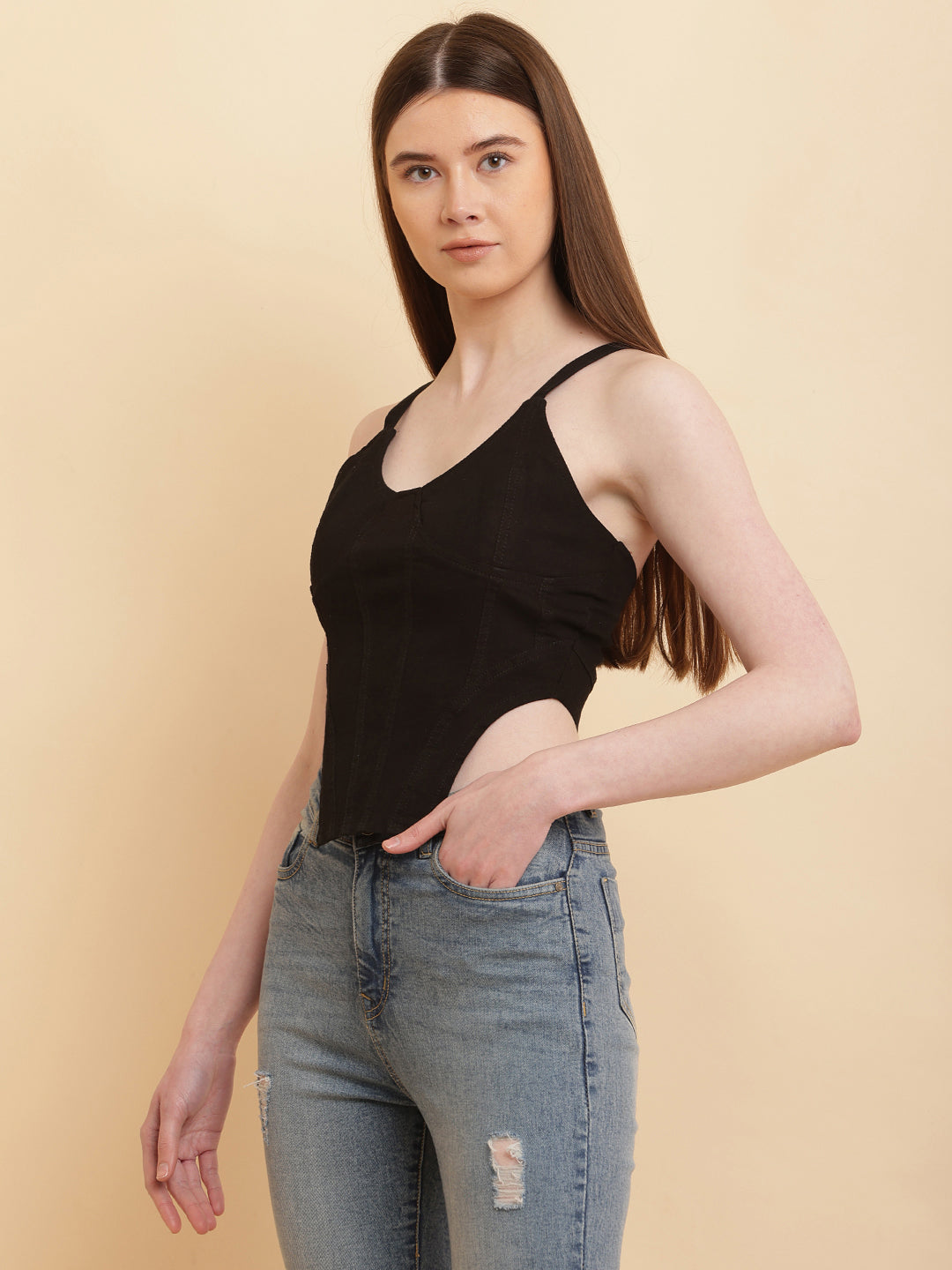 PUELLA Women’s Black Denim Corset Crop Top with Spaghetti Straps