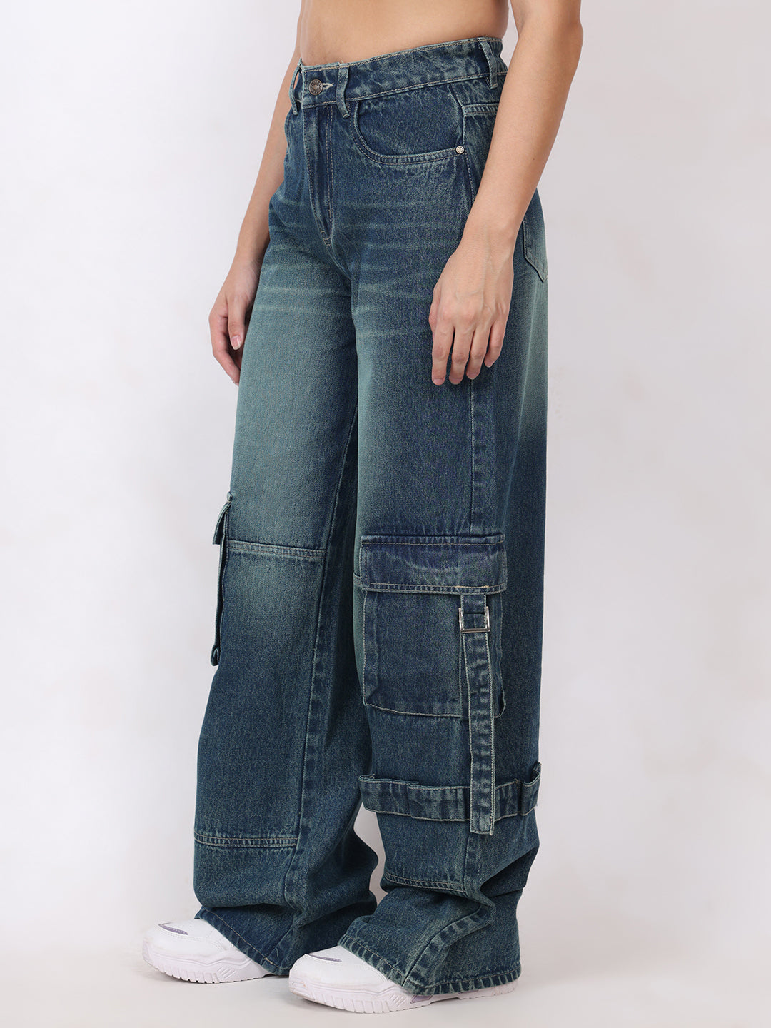 PUELLA Women Dark Blue High-Rise Baggy Cargo Jeans
