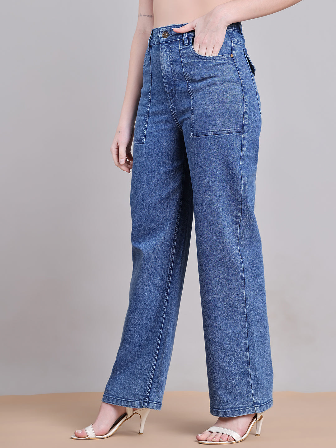 PUELLA Women Mid-Blue High-Rise Utility Pocket Wide-Leg Jeans