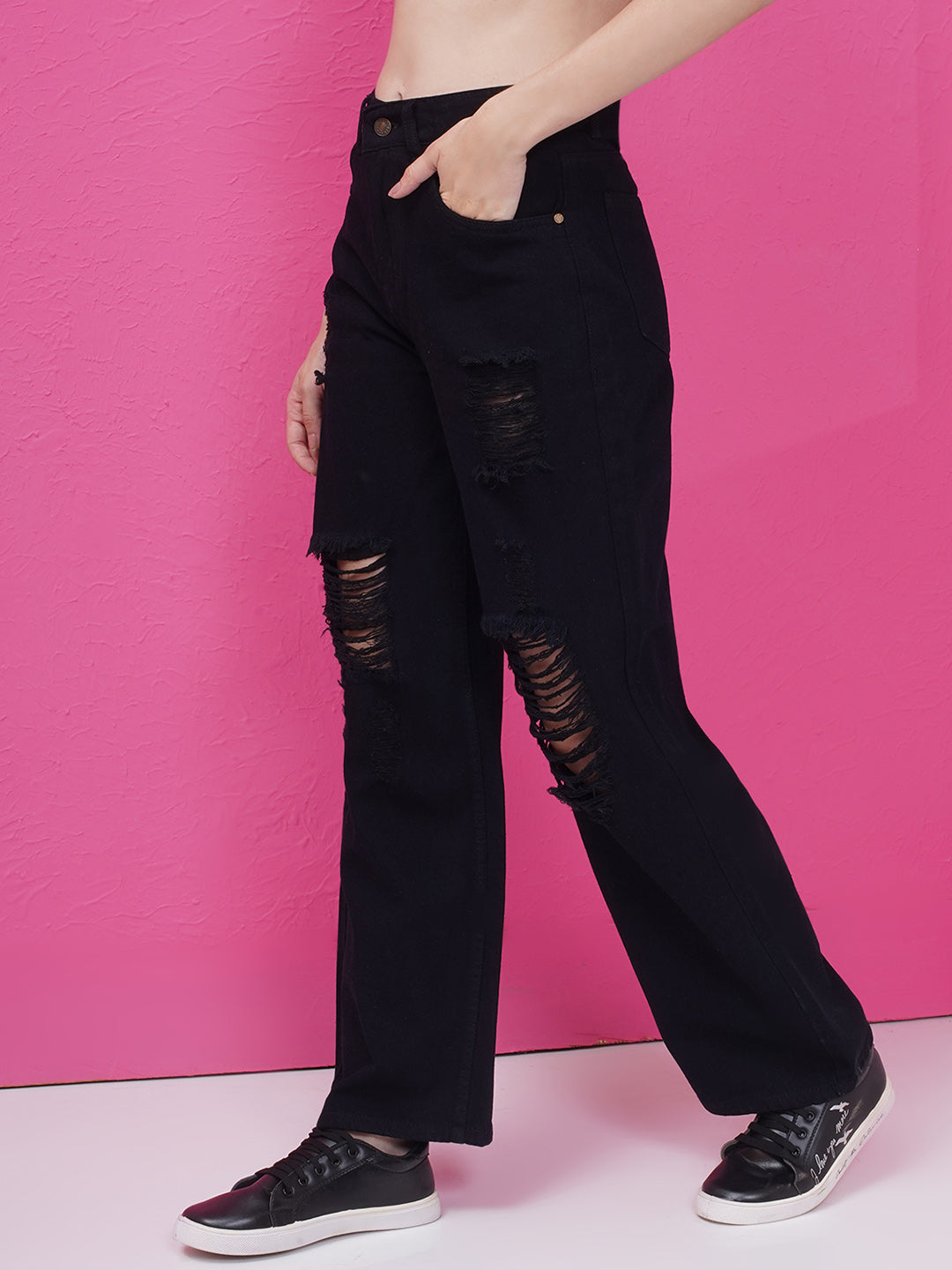 PUELLA Women Straight Fit High-Rise Black Distressed Jeans