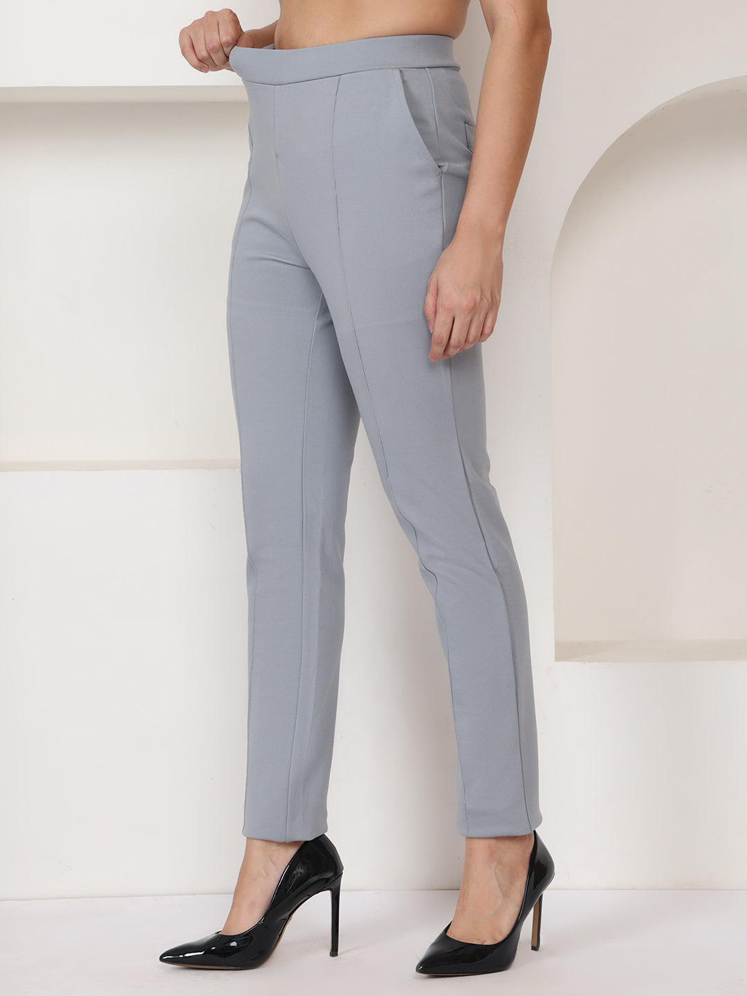 PUELLA Women’s Grey High-Rise Knitted Formal Pants