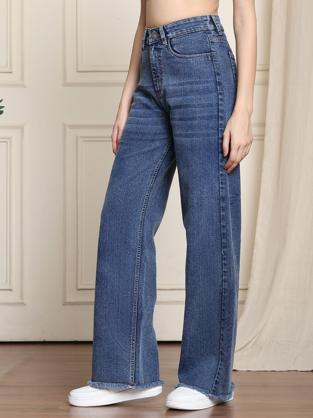 PUELLA Women Mid-Blue High-Rise Wide-Leg Jeans with Frayed Hem