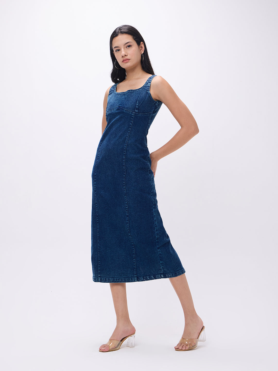 PUELLA Women’s Blue Denim Bodycon Midi Dress with Back Slit