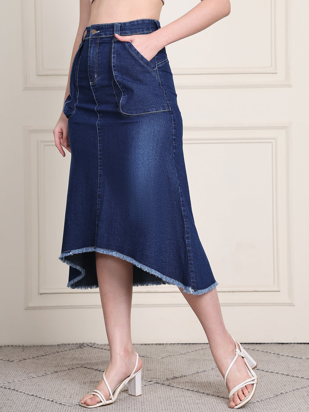 PUELLA Women's Blue Solid A-Line High-Low Denim Midi Skirt