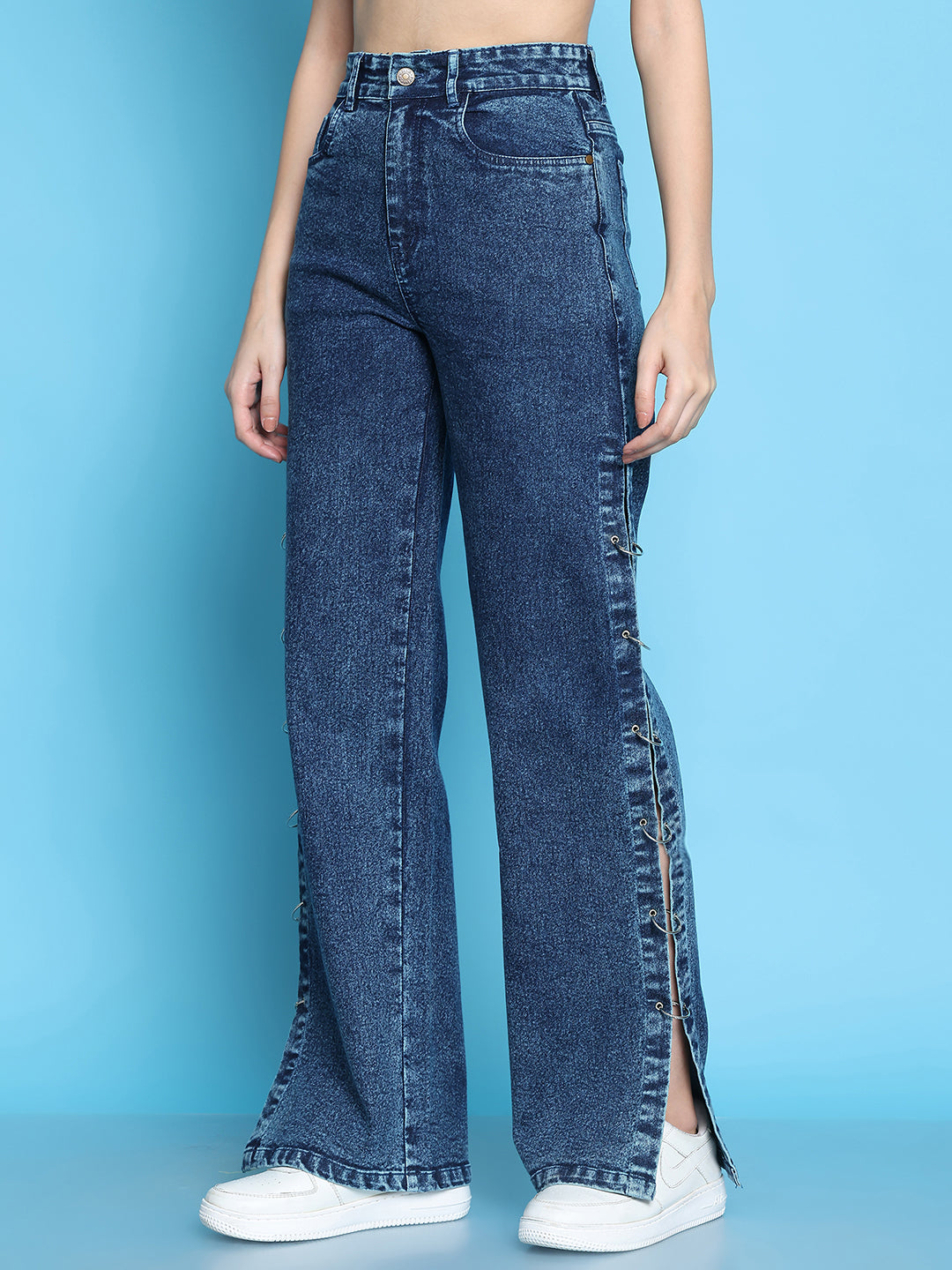 PUELLA Women High-Rise Dark Blue Side Slit Wide-Leg Jeans with Metal Ring Detailing