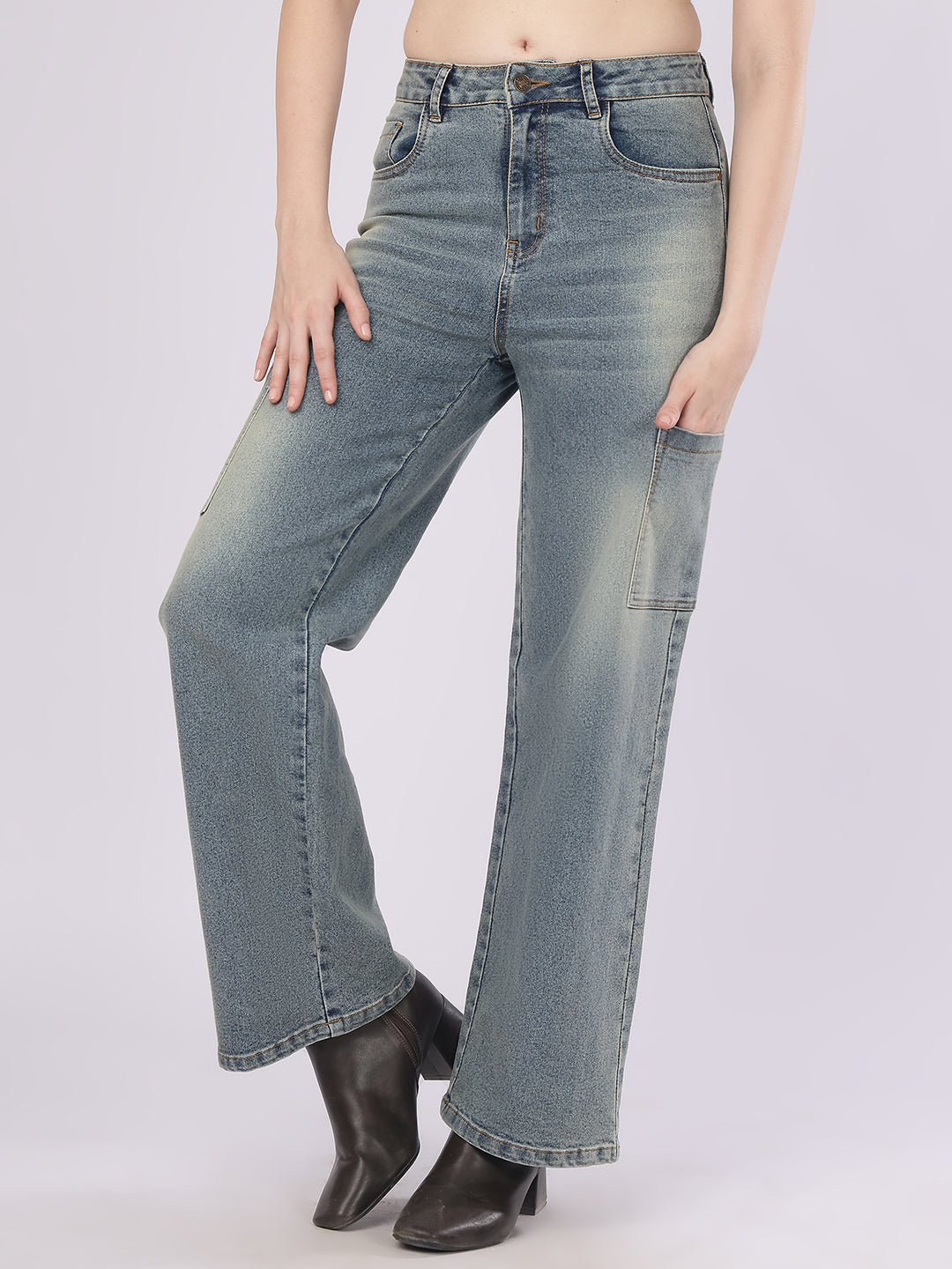 Women’s Blue Straight Fit Cargo Denim Jeans