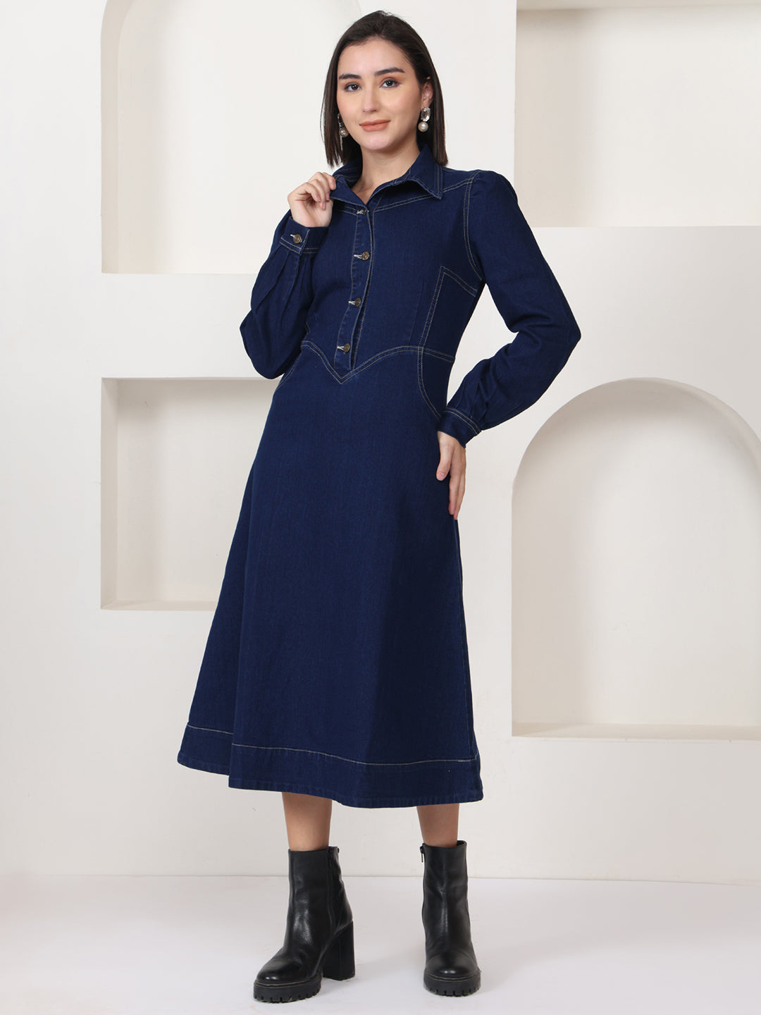 PUELLA Navy Blue Solid Denim Shirt-Collar A-Line Midi Dress