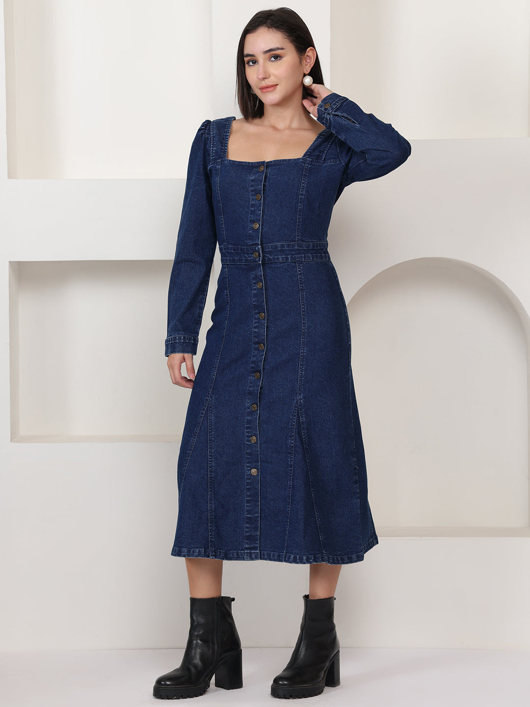 PUELLA Blue Solid Denim Fit & Flare Midi Dress