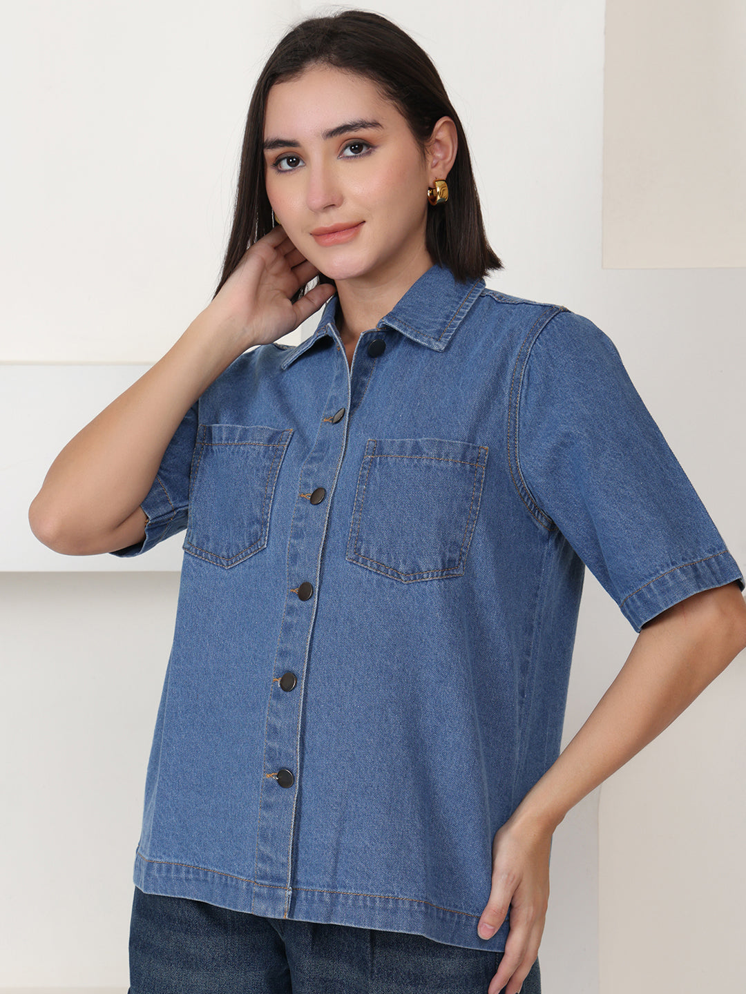 PUELLA Women Blue Denim Relaxed Fit Short Sleeve Shirt