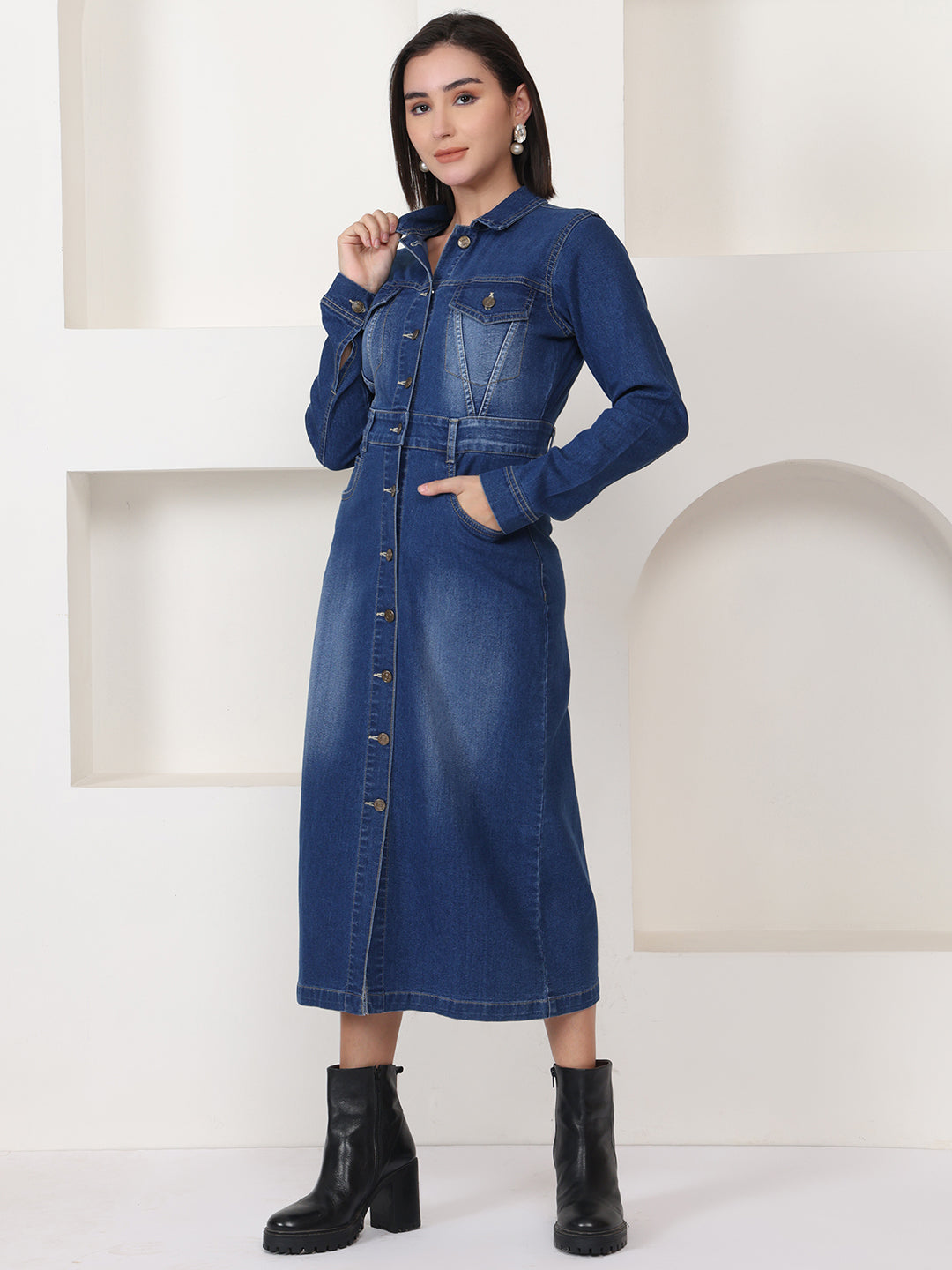 PUELLA Blue Solid Denim Shirt Midi Dress