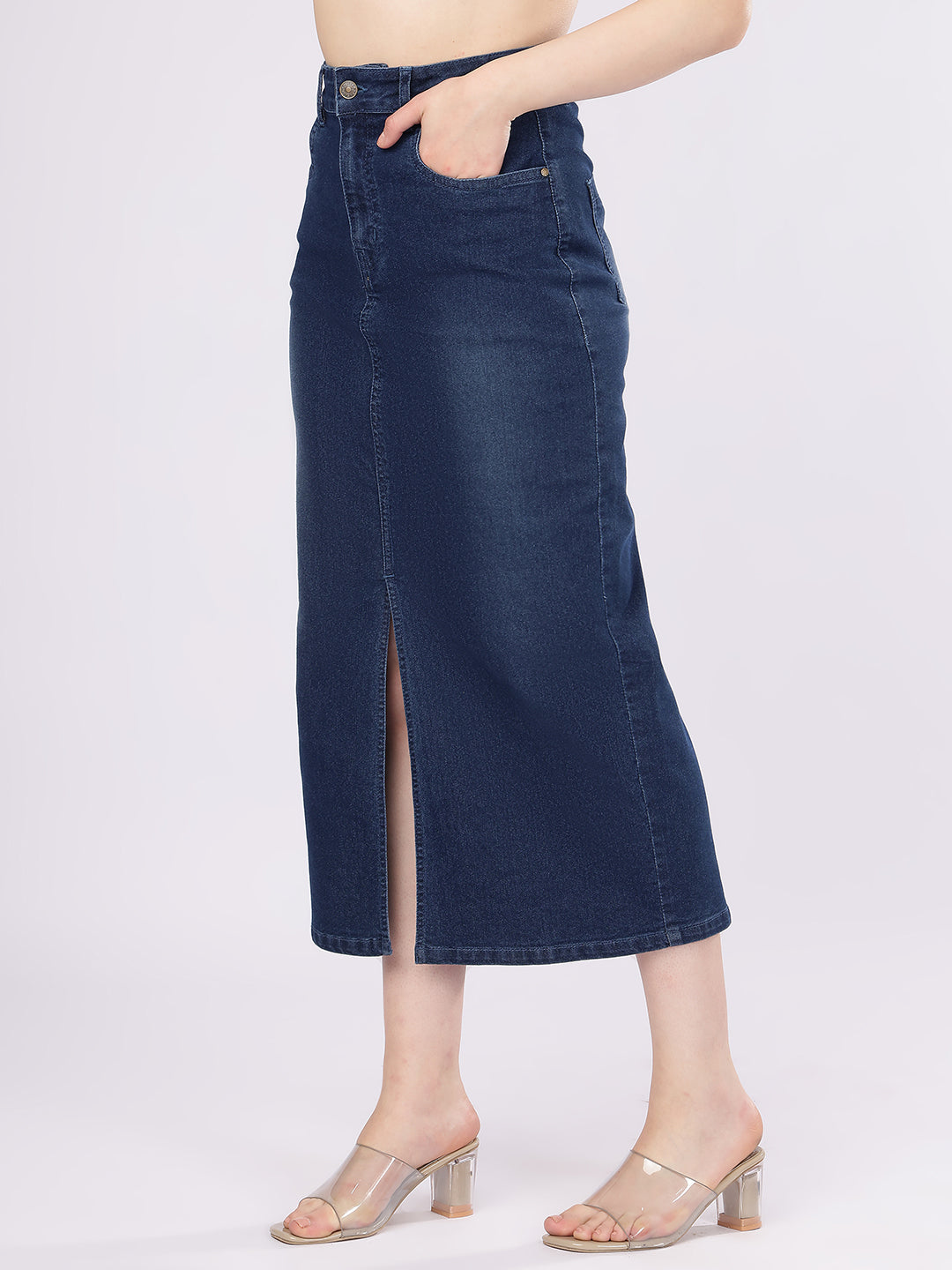Women’s Dark Blue High-Rise Denim Straight Skirt with Front Slit