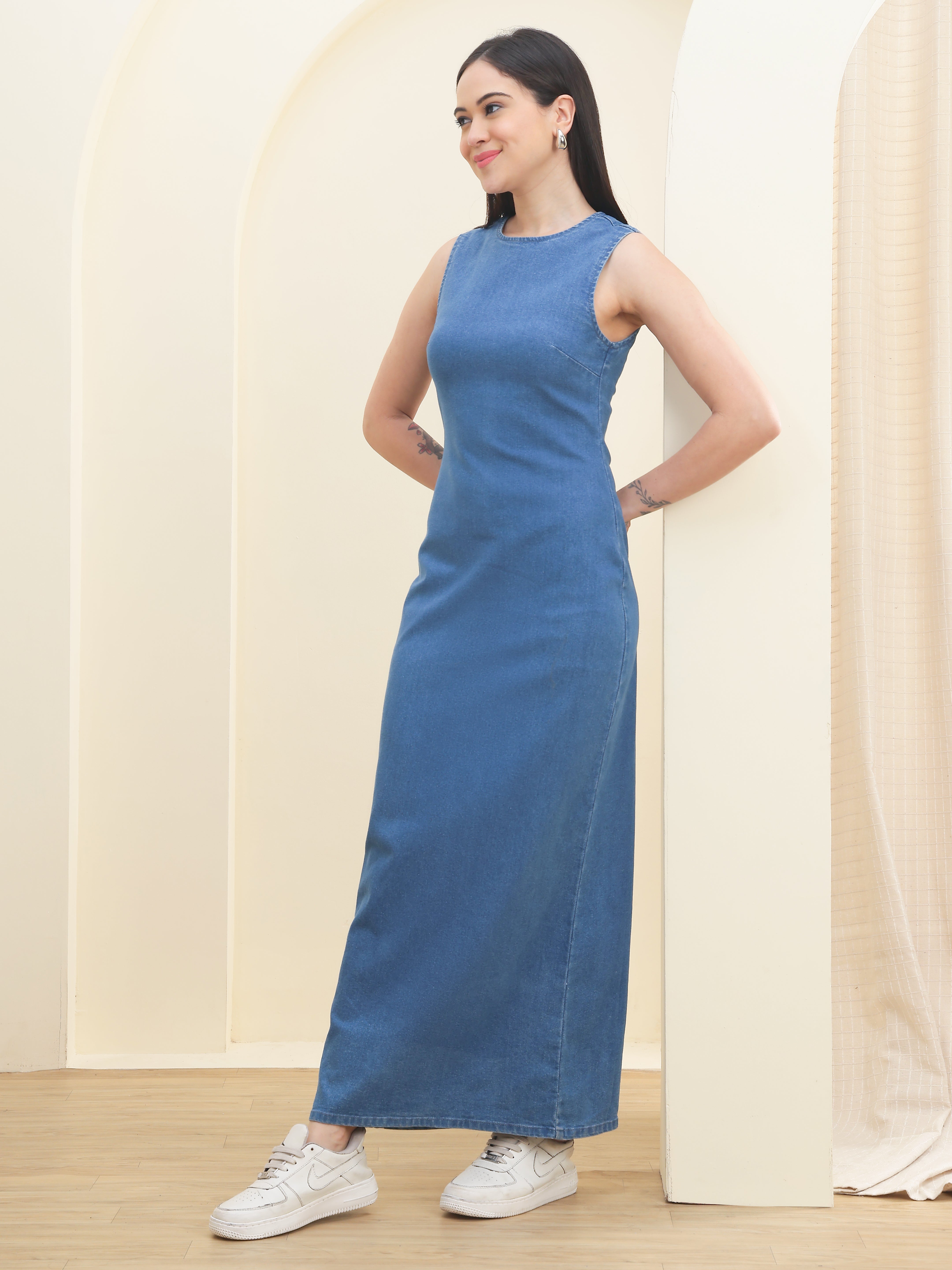 DOZER Blue Denim Sleeveless Straight Maxi Dress