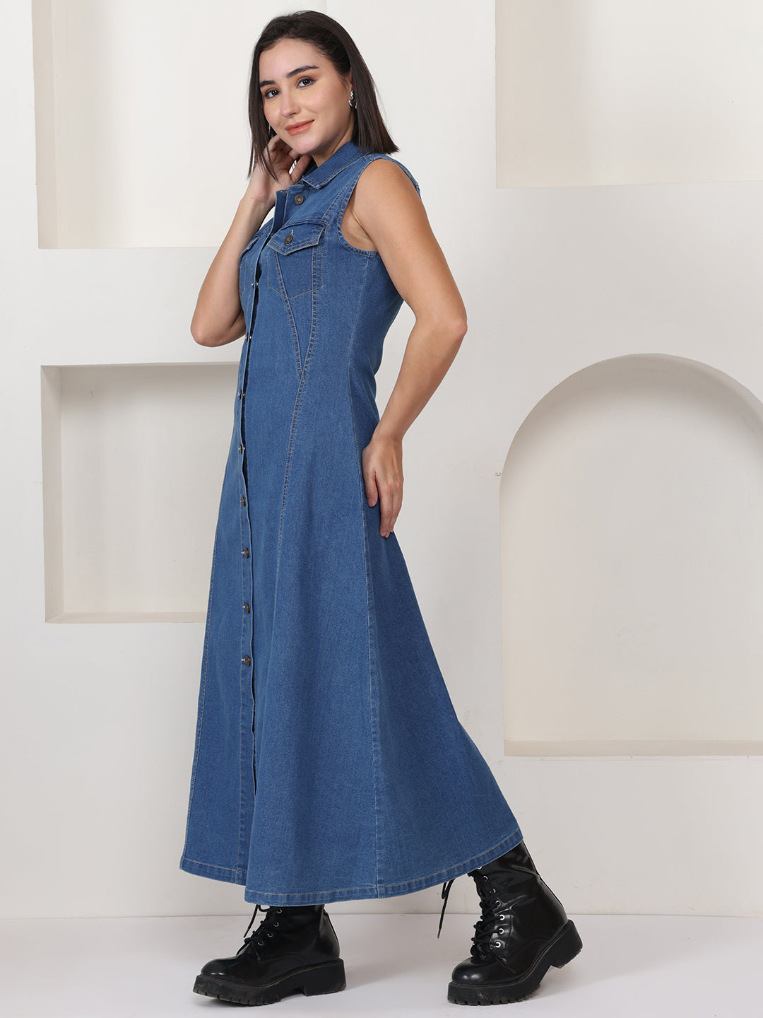 PUELLA Blue Solid Denim Shirt Maxi Dress