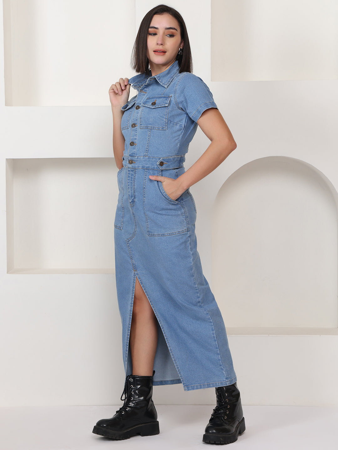 PUELLA Women Light Blue Stretch Denim Maxi Shirt Dress