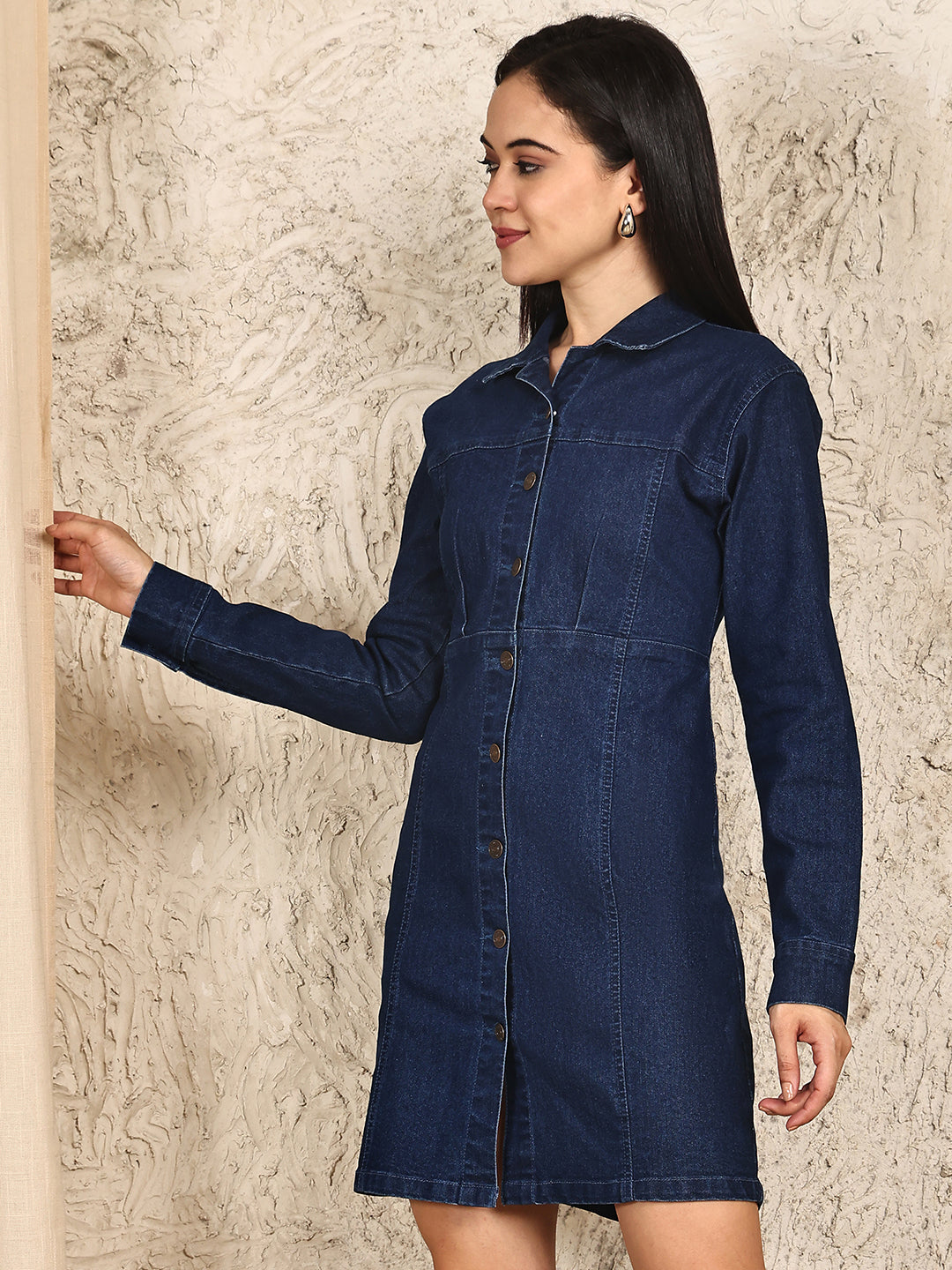 PUELLA Women’s Dark Blue Button-Down Denim Shirt Dress with Long Sleeves
