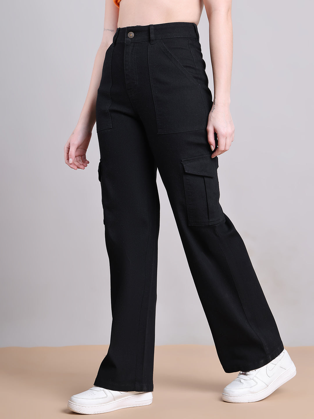 PUELLA Women Black High-Rise Cargo Wide-Leg Jeans