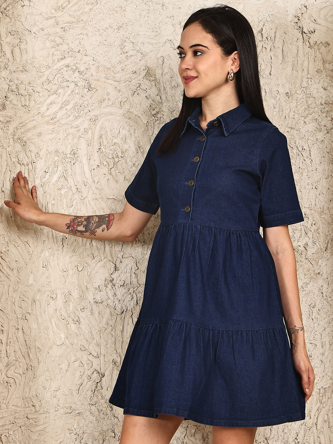 PUELLA Women’s Tiered Denim Shirt Dress with Half Sleeves & Button-Down Front