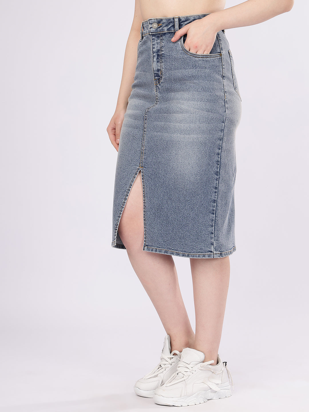 Women’s Mid Blue Denim Pencil Skirt with Front Slit