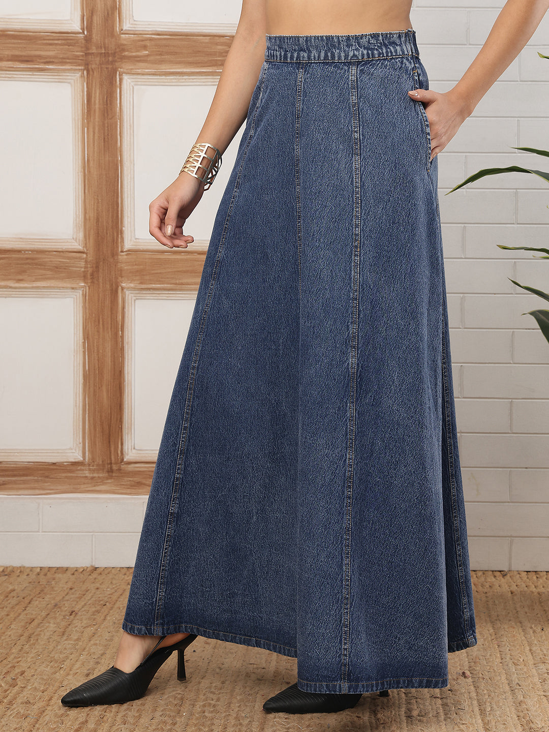 Women’s Indigo Blue Flared Denim Maxi Skirt