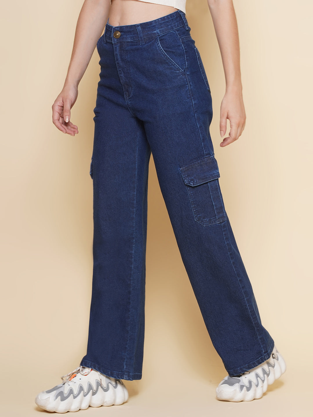 PUELLA Women’s Cargo Straight Fit Mid Rise Jeans – Dark Blue