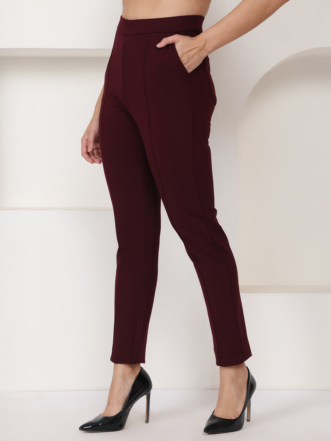 PUELLA Maroon High-Rise Slim Fit Formal Trousers