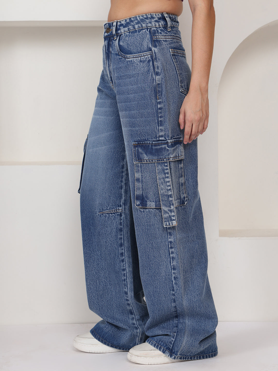 PUELLA Women Medium Blue High-Rise Baggy Cargo Jeans