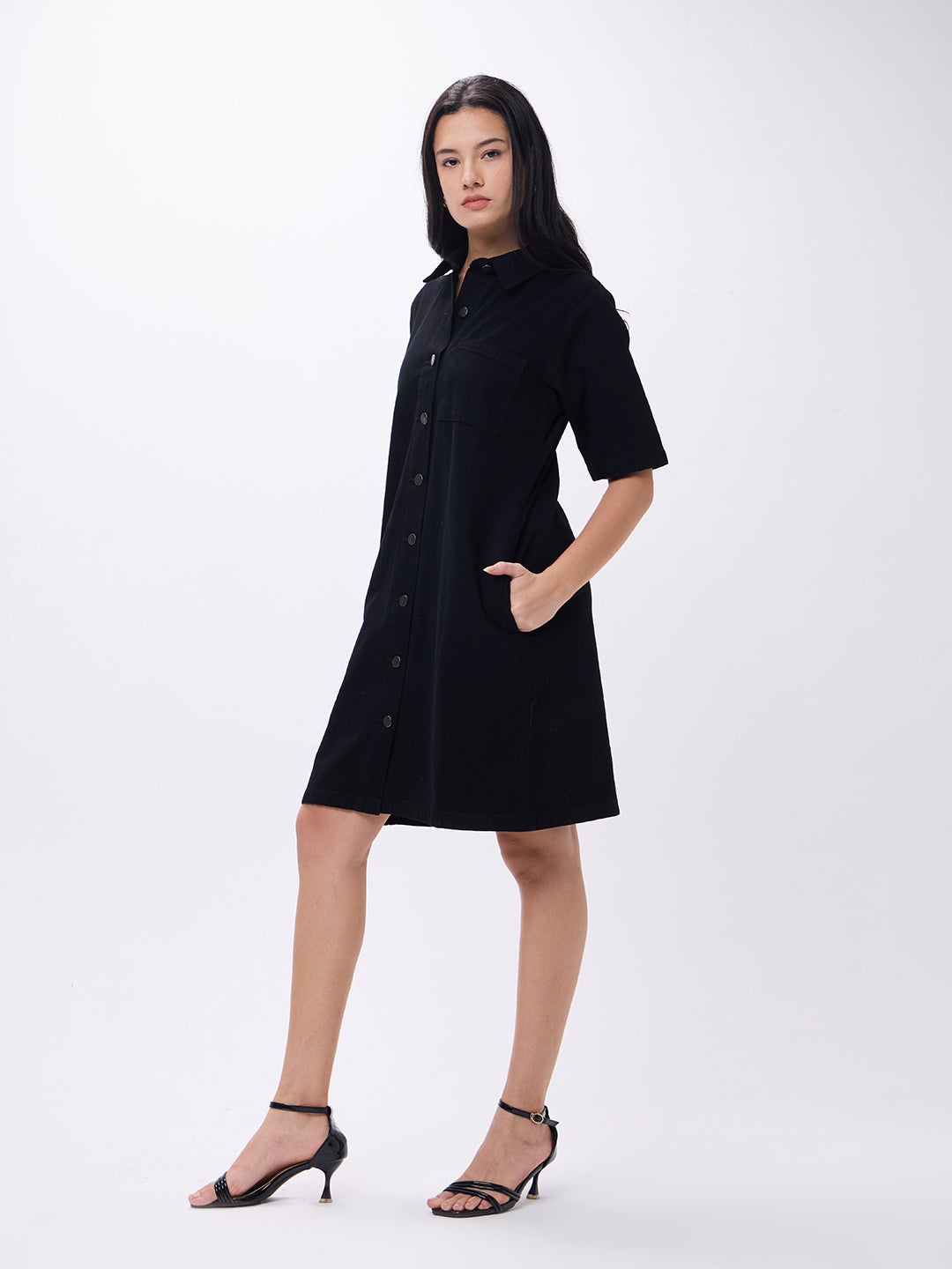 PUELLA Women’s Black Denim Shirt Dress with Half Sleeves & Button-Down Front