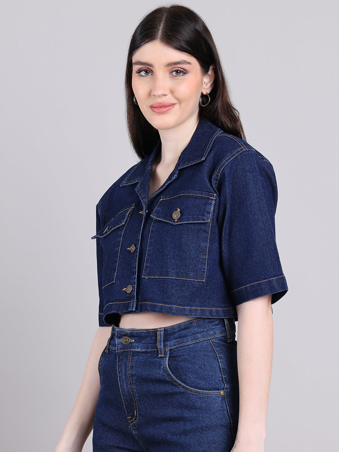 PUELLA Women’s Denim Crop Jacket with Half Sleeves & Button Closure
