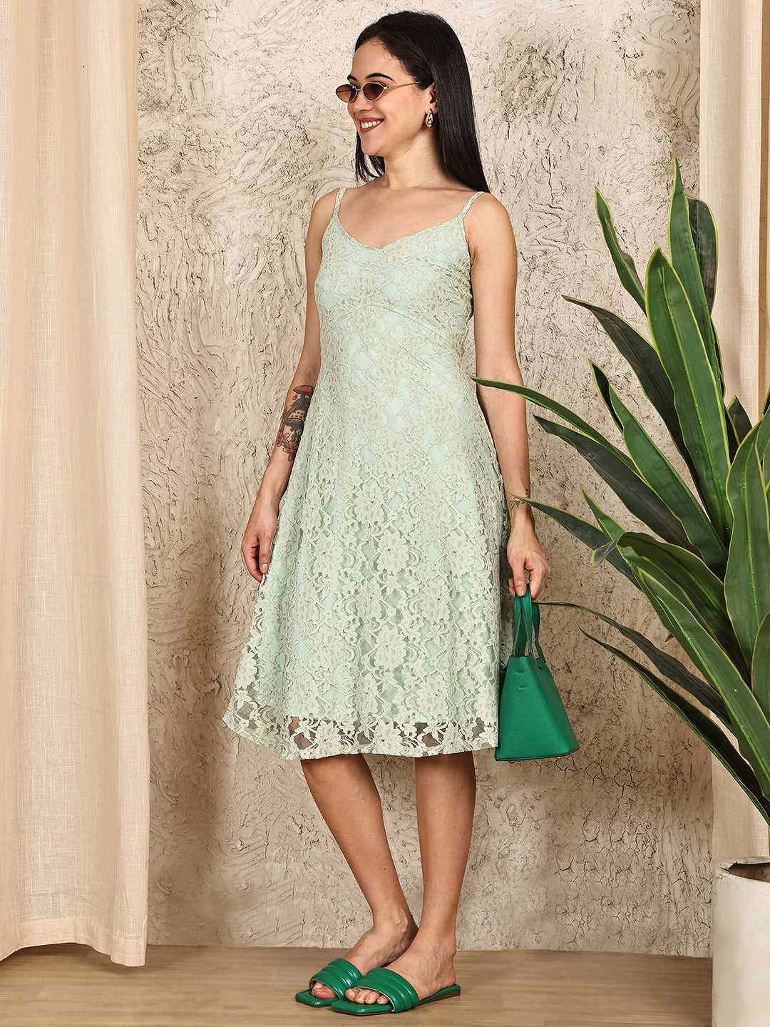 PUELLA Women’s Mint Green Lace A-Line Dress with Spaghetti Straps