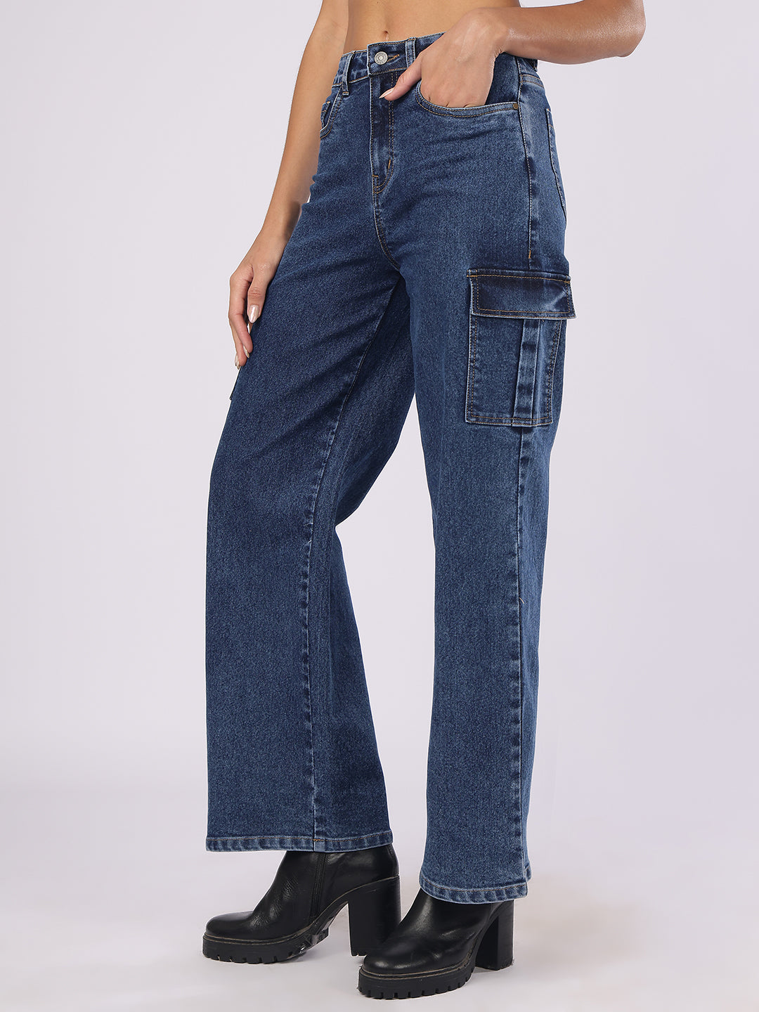Women’s Dark Blue Straight Fit Cargo Denim Jeans