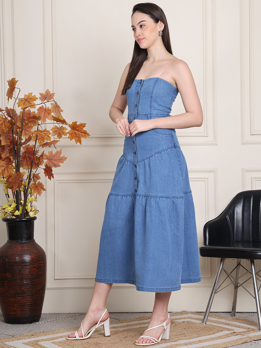 PUELLA Women’s Strap Denim Midi Dress with Button-Down Front