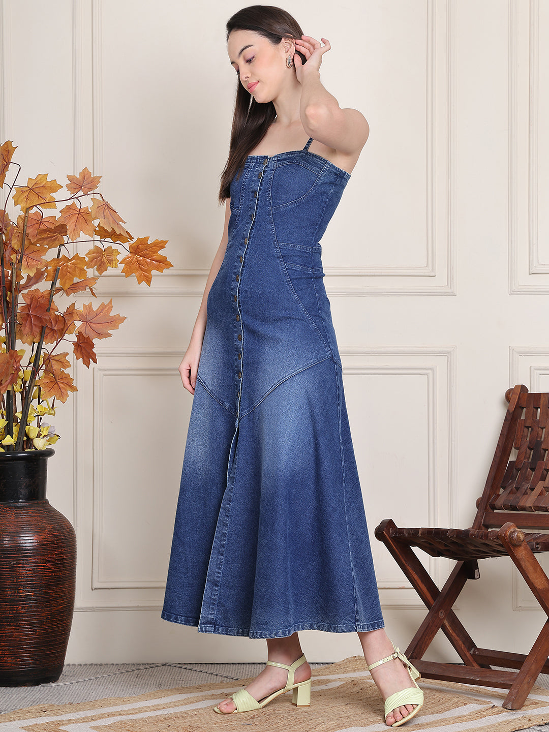 PUELLA Women’s Strappy Denim Maxi Dress with Front Slit & Button Detailing
