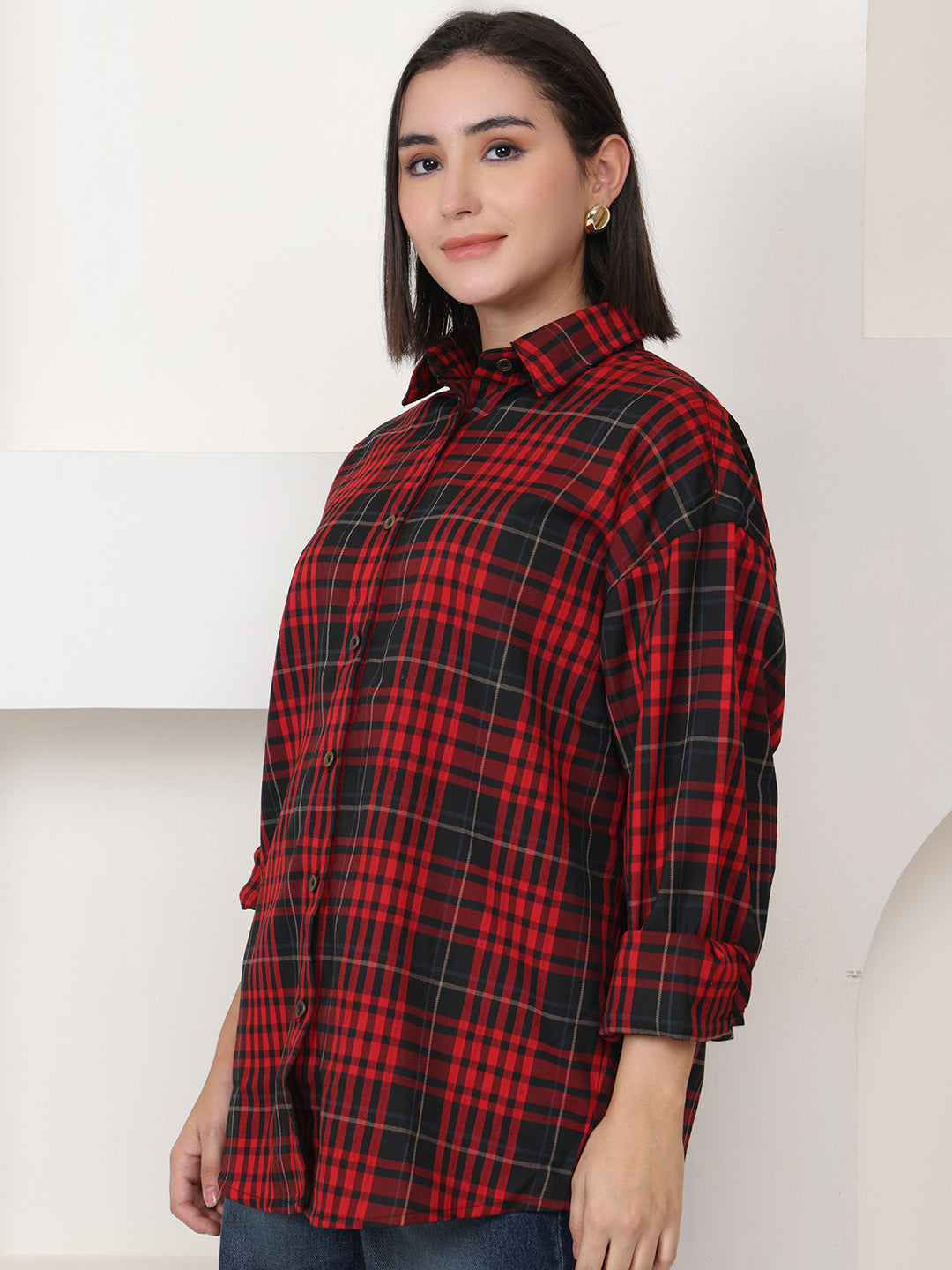 PUELLA Women Red & Black Tartan Checked Relaxed Fit Shirt