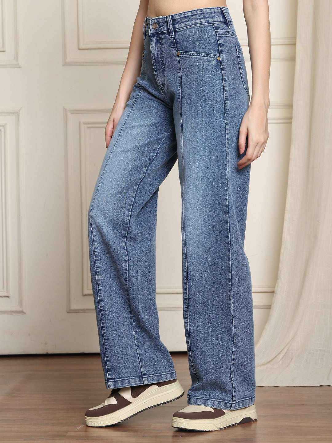 PUELLA Women High-Rise Light Blue Wide-Leg Jeans with Front Seam Detailing