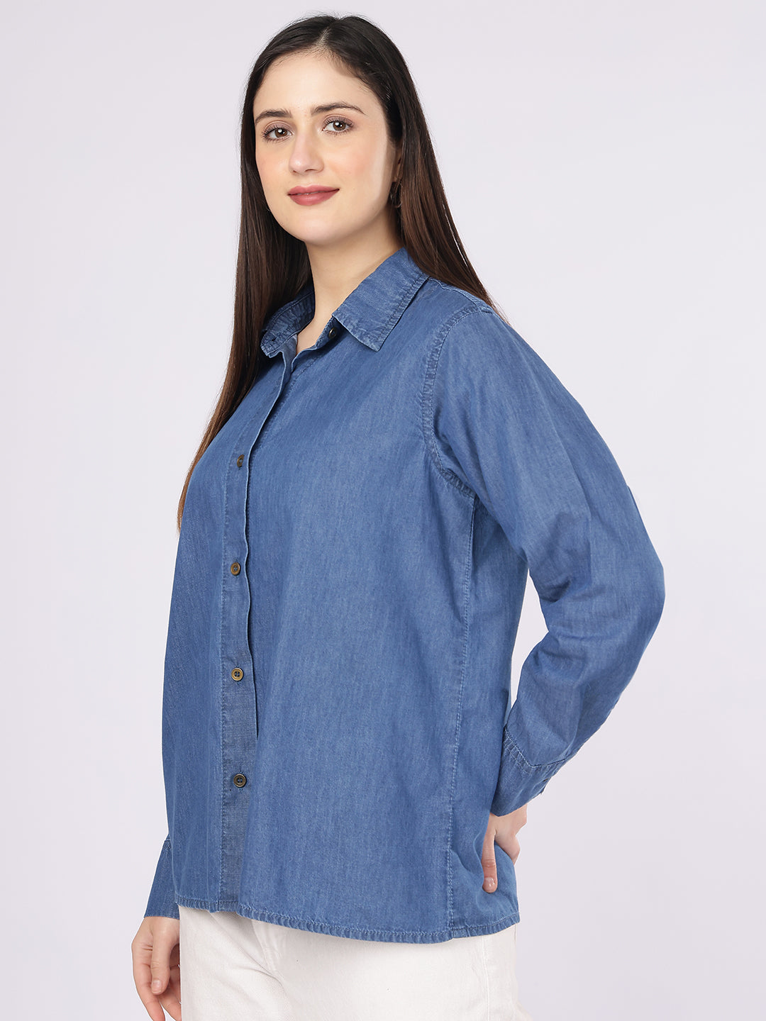 Women’s Blue Relaxed Fit Solid Denim Shirt