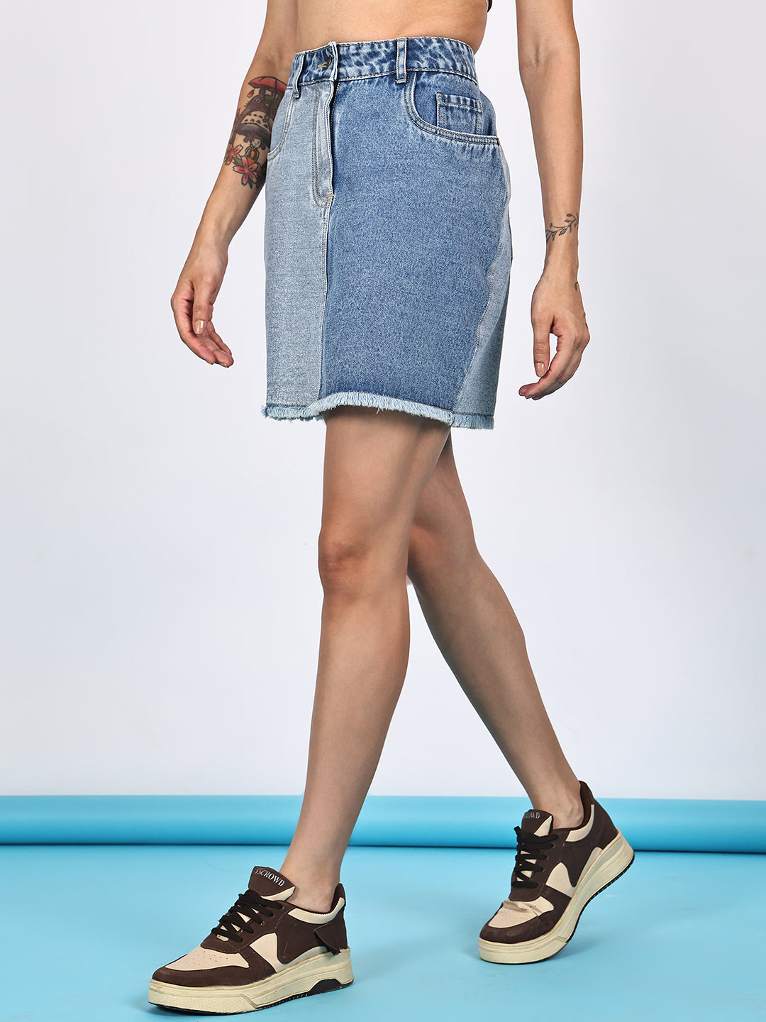 PUELLA Women's Blue Colourblocked A-Line Mini Denim Skirt