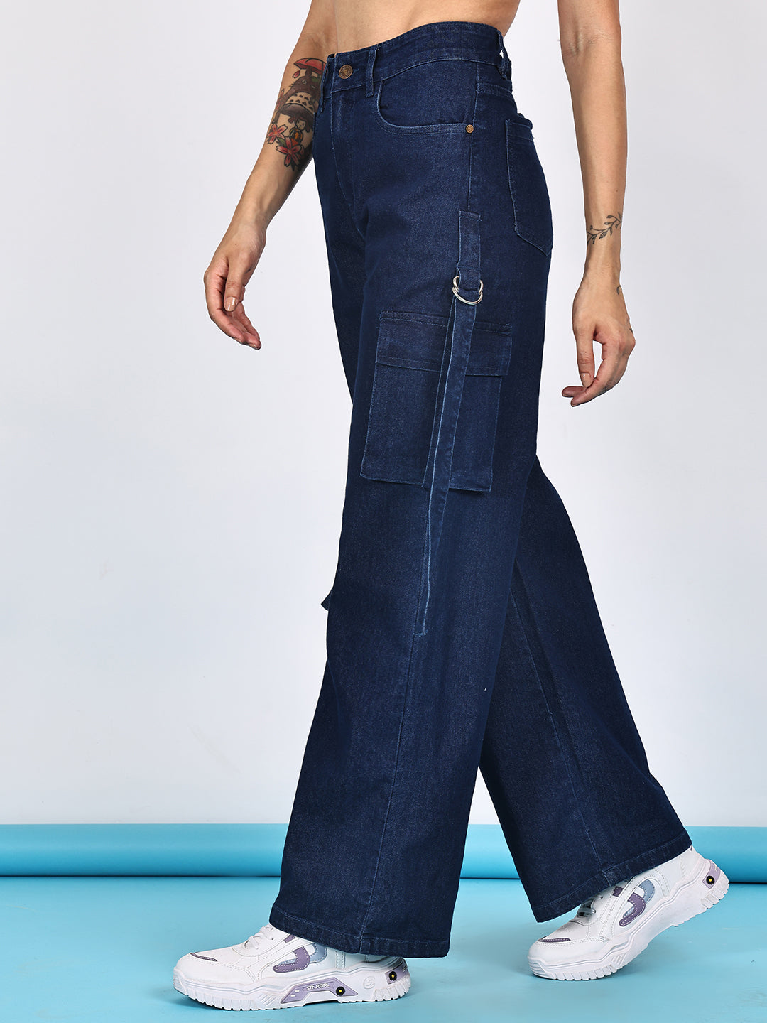 PUELLA Women High-Rise Dark Blue Cargo Wide-Leg Jeans